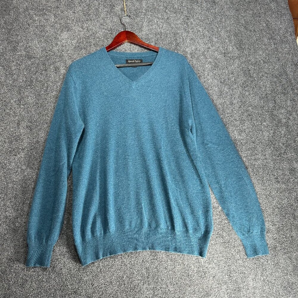 Kenneth Roberts Platinum Sweater Mens Medium Teal Cashmere  V Neck Ribbed Hem